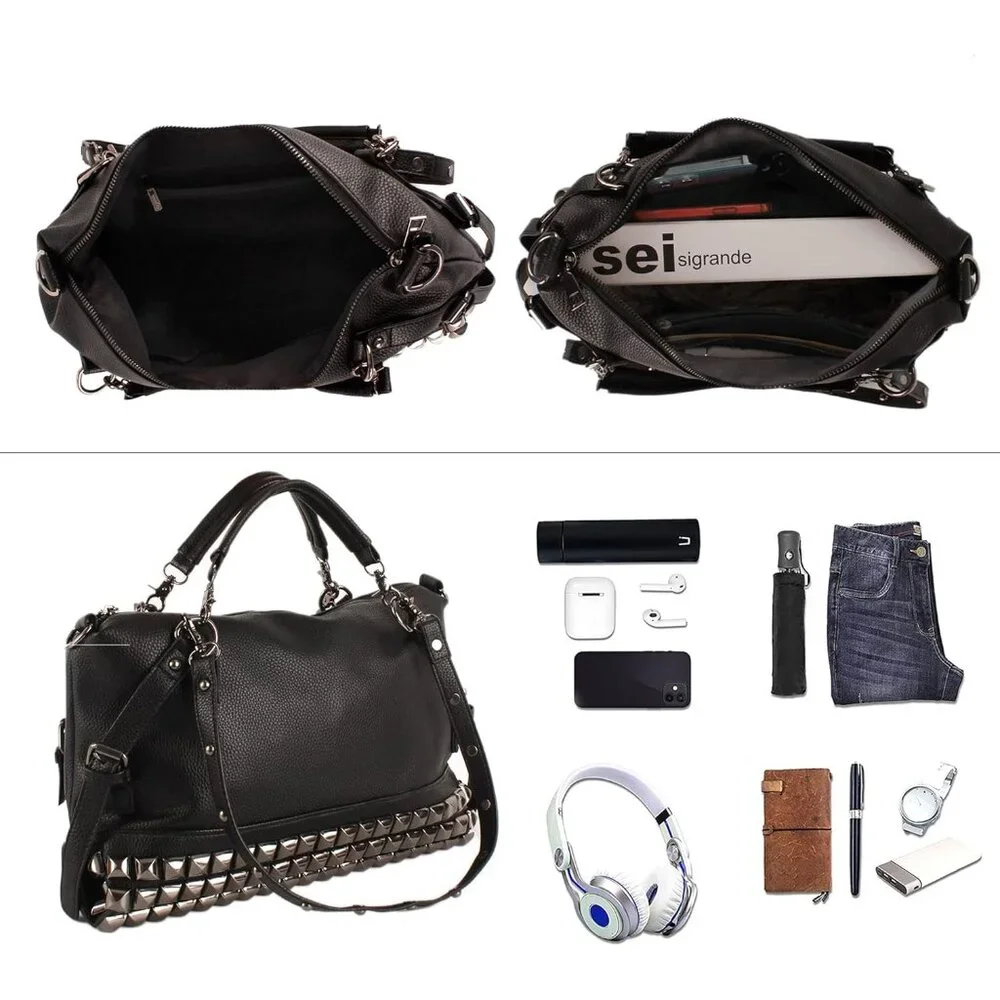 Punk Rivet Hobo Handbag for Women Large Crossbody Faux Leather Black Stylish Ret - Picture 4 of 6